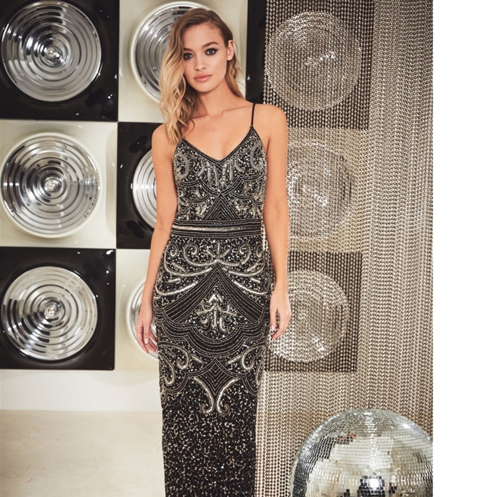 Flory black full beaded maxi dress
